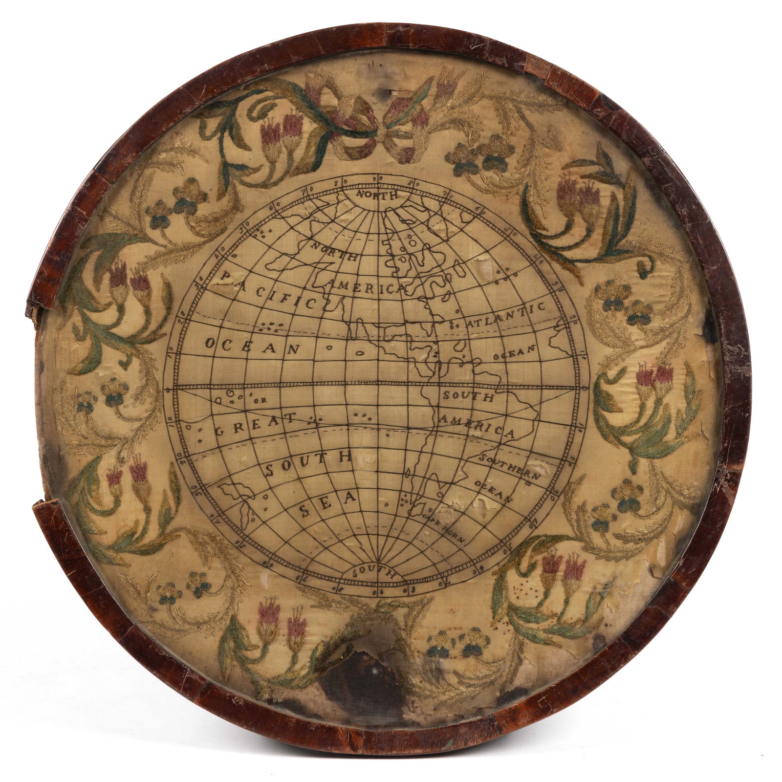 PROBABLY BRITISH GEORGIAN SCHOOLGIRL NEEDLEWORK MAP OF WESTERN HEMISPHERE IN FIRE SCREEN FRAME (1 of 4)