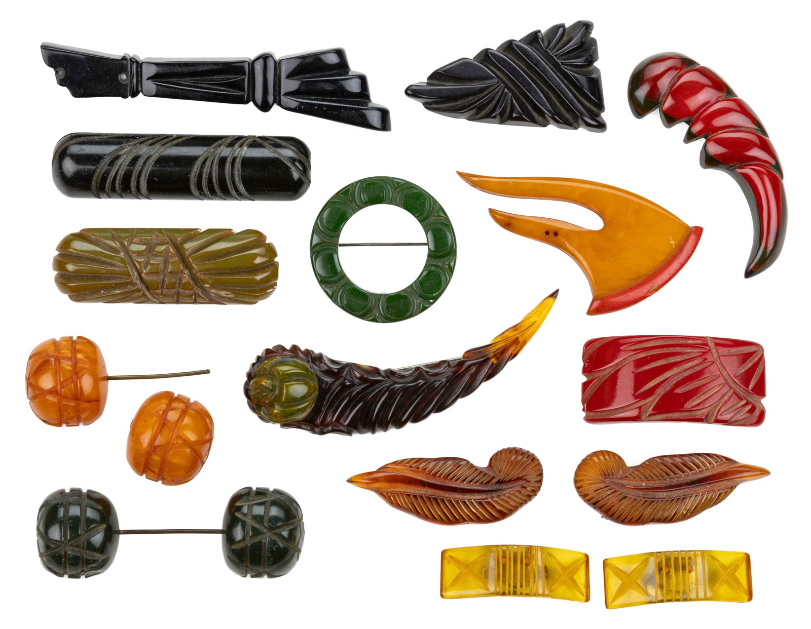 VINTAGE CARVED BAKELITE BROOCHES AND OTHER JEWELRY, LOT OF 15 (1 of 1)