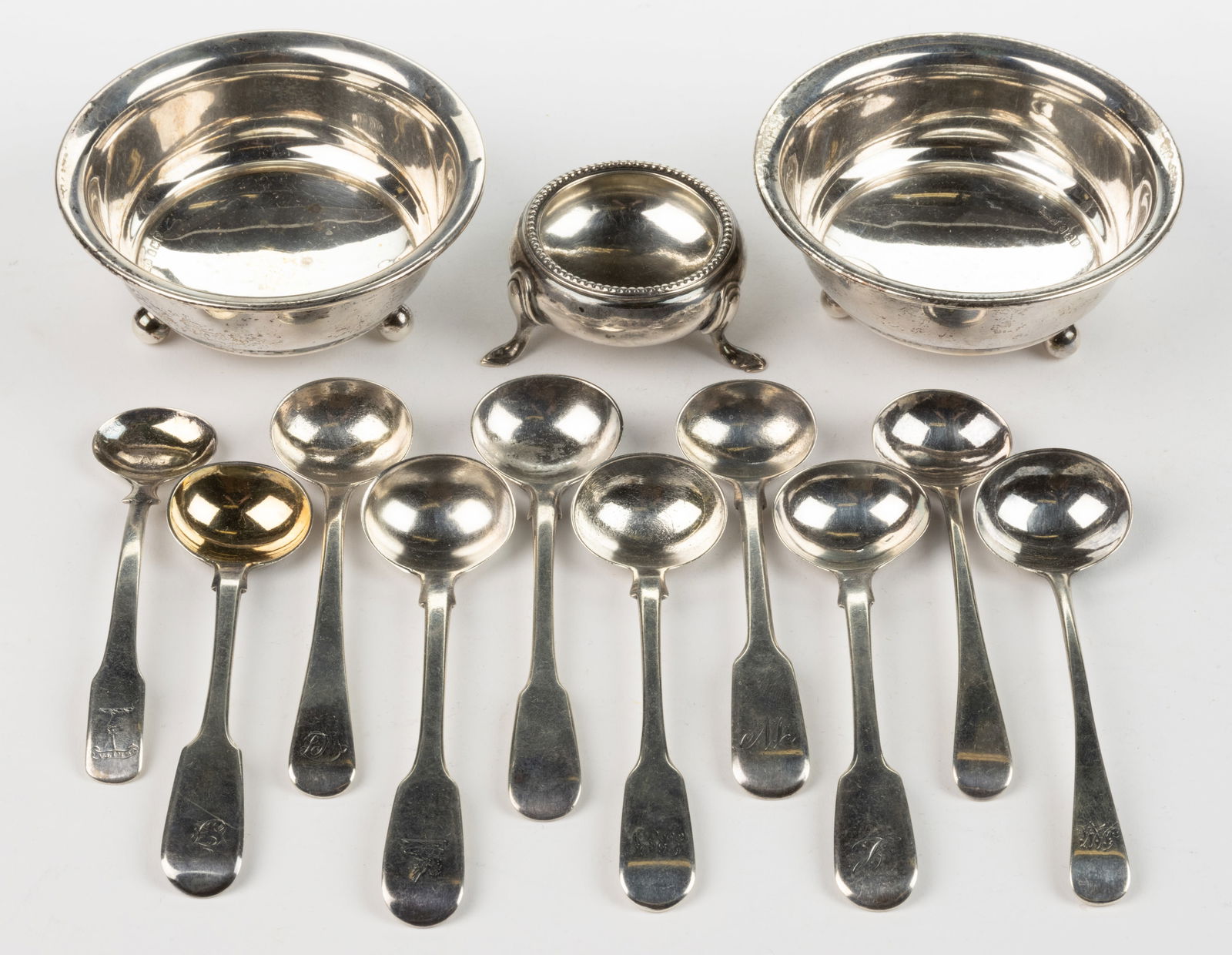 ENGLISH GEORGIAN AND OTHER STERLING SILVER OPEN SALTS AND SALT SPOONS, LOT OF 13 (1 of 1)