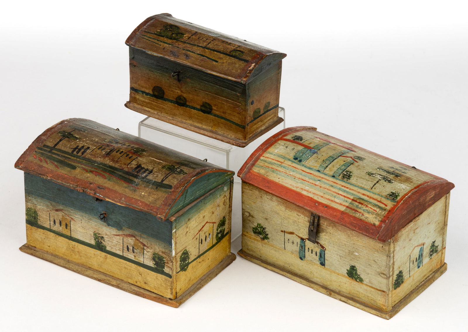 EUROPEAN PAINT-DECORATED MINIATURE DOME-TOP BOXES, LOT OF THREE (1 of 1)