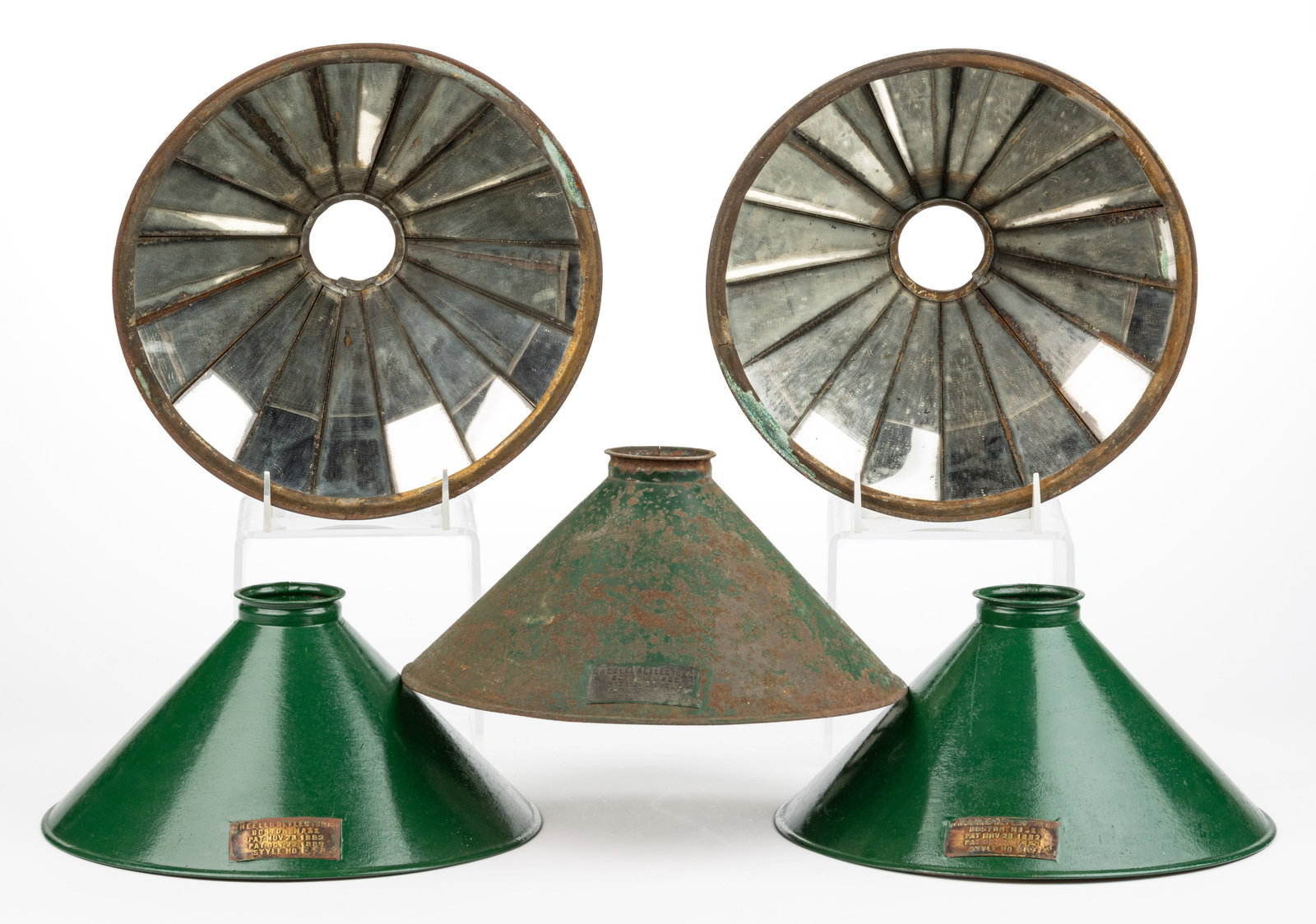 WHEELER REFLECTOR COMPANY SHEET-IRON REFLECTOR SHADES, LOT OF FIVE (1 of 2)