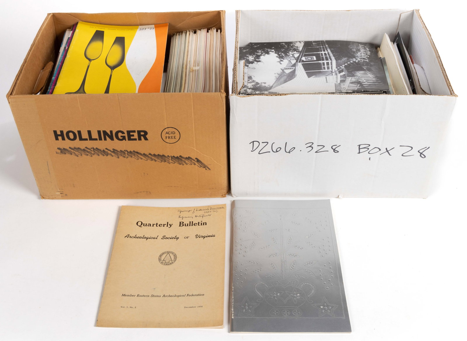ASSORTED VIRGINIA HISTORICAL PERIODICALS, UNCOUNTED LOT: ASSORTED VIRGINIA HISTORICAL PERIODICALS, UNCOUNTED LOT, presented in two boxes, including Arts in Virginia, Quarterly Bulletin of the Archeological Society of Virginia, APVA Discovery, Virginia 