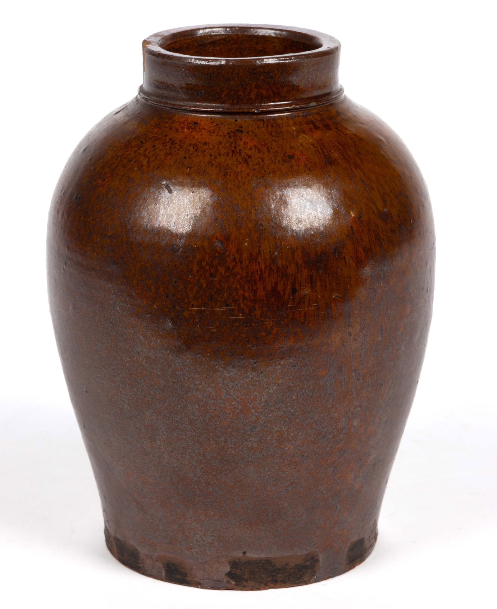 SHENANDOAH VALLEY OF VIRGINIA EARTHENWARE / REDWARE JAR: SHENANDOAH VALLEY OF VIRGINIA EARTHENWARE / REDWARE JAR, lead-glazed with flecks of manganese, approximately half-gallon capacity, ovoid form with beaded neck. Circa 1875. 7 3/4" H, 3" D rim