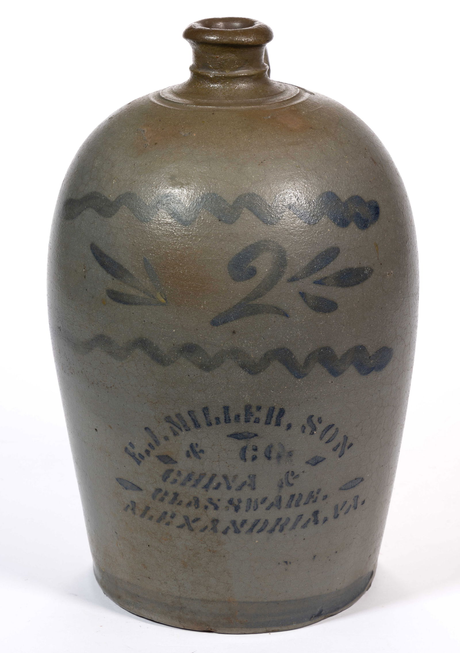 VIRGINIA MERCHANT'S STENCILED STONEWARE JUG: VIRGINIA MERCHANT'S STENCILED STONEWARE JUG, salt-glazed, designated two-gallon capacity, beehive form with ringed mouth, applied strap handle with medial ridge, Albany-slip gl