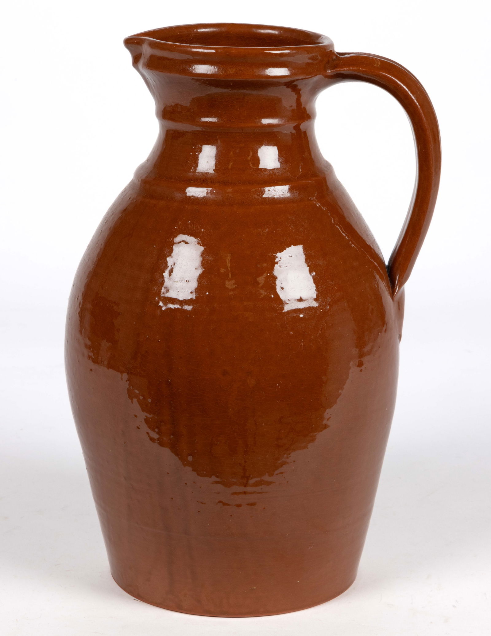 MICHELLE ERICKSON (VIRGINIA, B. 1960) REPRODUCTION EARTHENWARE / REDWARE JUG / PITCHER: MICHELLE ERICKSON (VIRGINIA, B. 1960) REPRODUCTION EARTHENWARE / REDWARE JUG / PITCHER, approximately one-gallon capacity, ovoid form with two beaded neck rings and applied strap handle with medial gr
