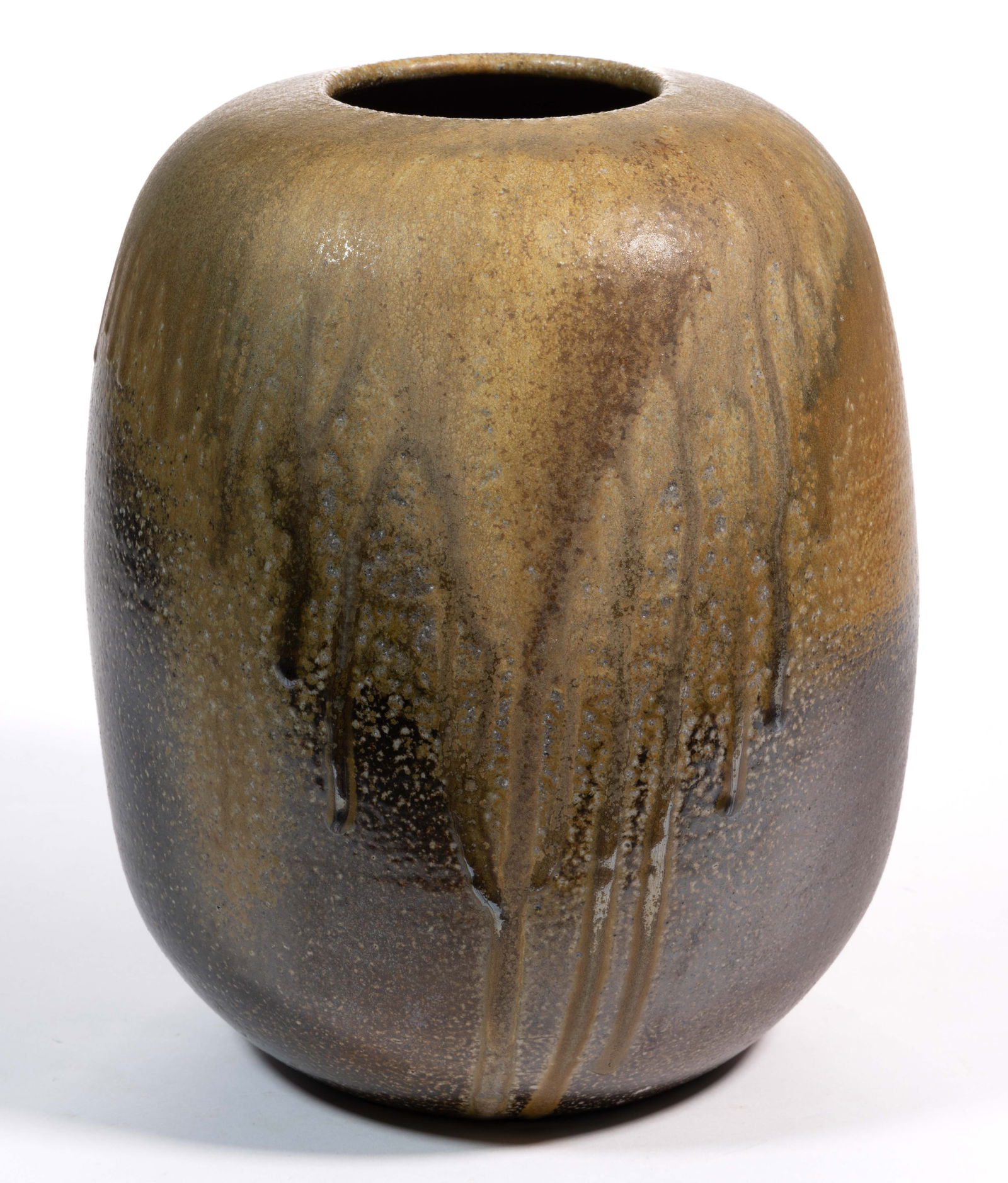STAMPED "DS", DAVID STUEMPFLE (B. 1960), NORTH CAROLINA STONEWARE VASE: STAMPED "DS", DAVID STUEMPFLE (B. 1960), NORTH CAROLINA STONEWARE VASE, dripped salt-glazed, barrel form. Impressed "DS" to underside. David Stuempfle Pottery, Seagrove, NC. Late 2