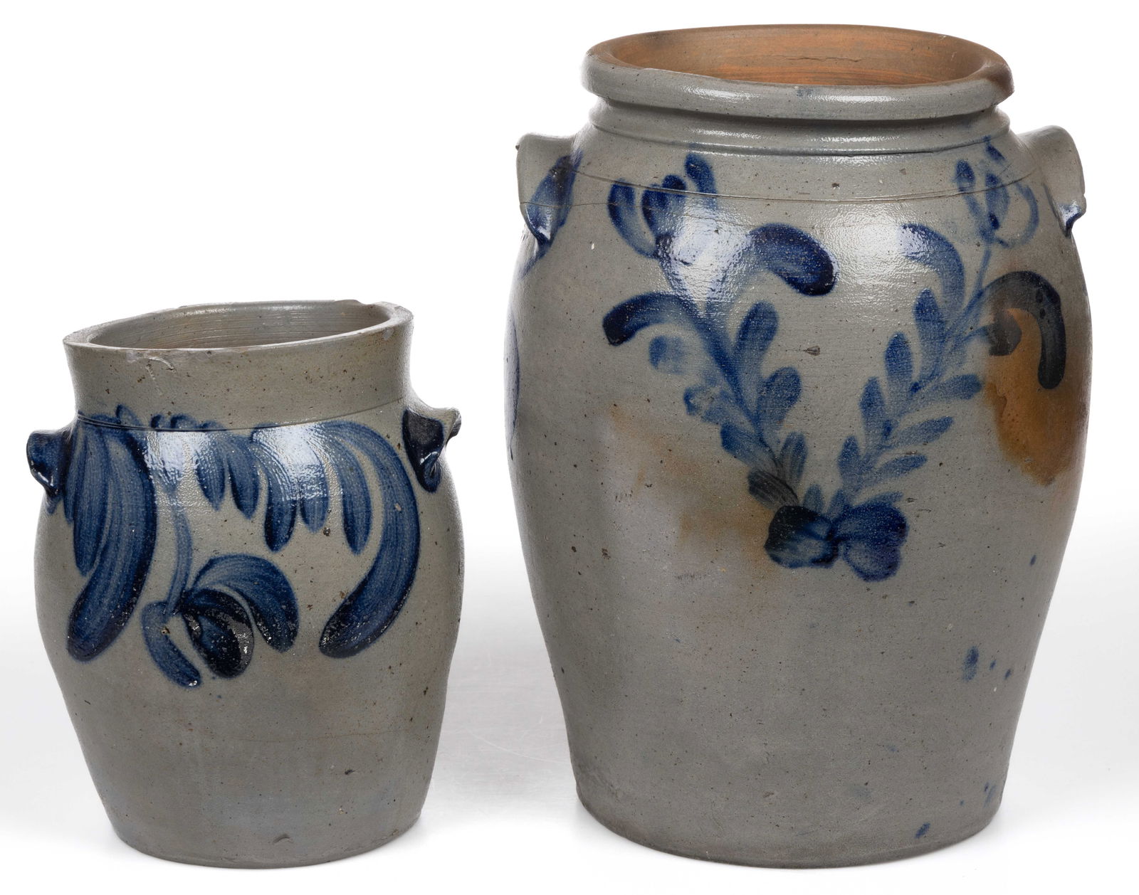 BALTIMORE, MARYLAND DECORATED STONEWARE JARS, LOT OF TWO: BALTIMORE, MARYLAND DECORATED STONEWARE JARS, LOT OF TWO, salt-glazed, each of semi-ovoid form with applied arched tab handles, comprising a "3" gallon capacity mark example with rounded rim