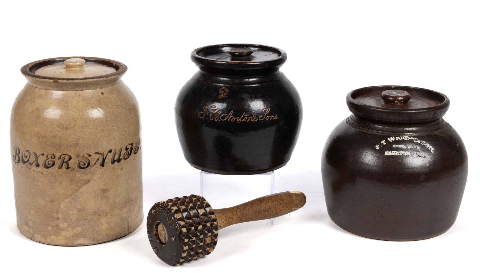 AMERICAN STAMPED AND STENCILED STONEWARE ARTICLES, LOT OF FOUR: AMERICAN STAMPED AND STENCILED STONEWARE ARTICLES, LOT OF FOUR, comprising a covered jar with brown-stenciled "BOXER SNUFF." to front and three brown-glazed examples including two cover
