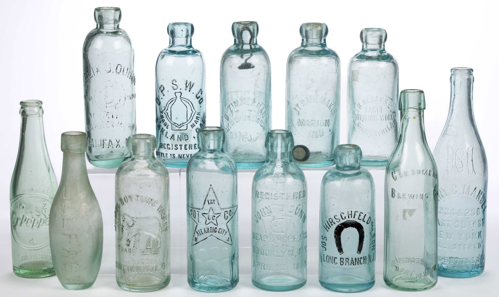 ASSORTED BLOB AND CROWN TOP SODA / BEER BOTTLES, LOT OF 13: ASSORTED BLOB AND CROWN TOP SODA / BEER BOTTLES, LOT OF 13, aqua, various sizes and shapes including a Jumbo Bottling Works Hutch from Cincinnati, Ohio with pictorial elephant; a Consumers Brewin
