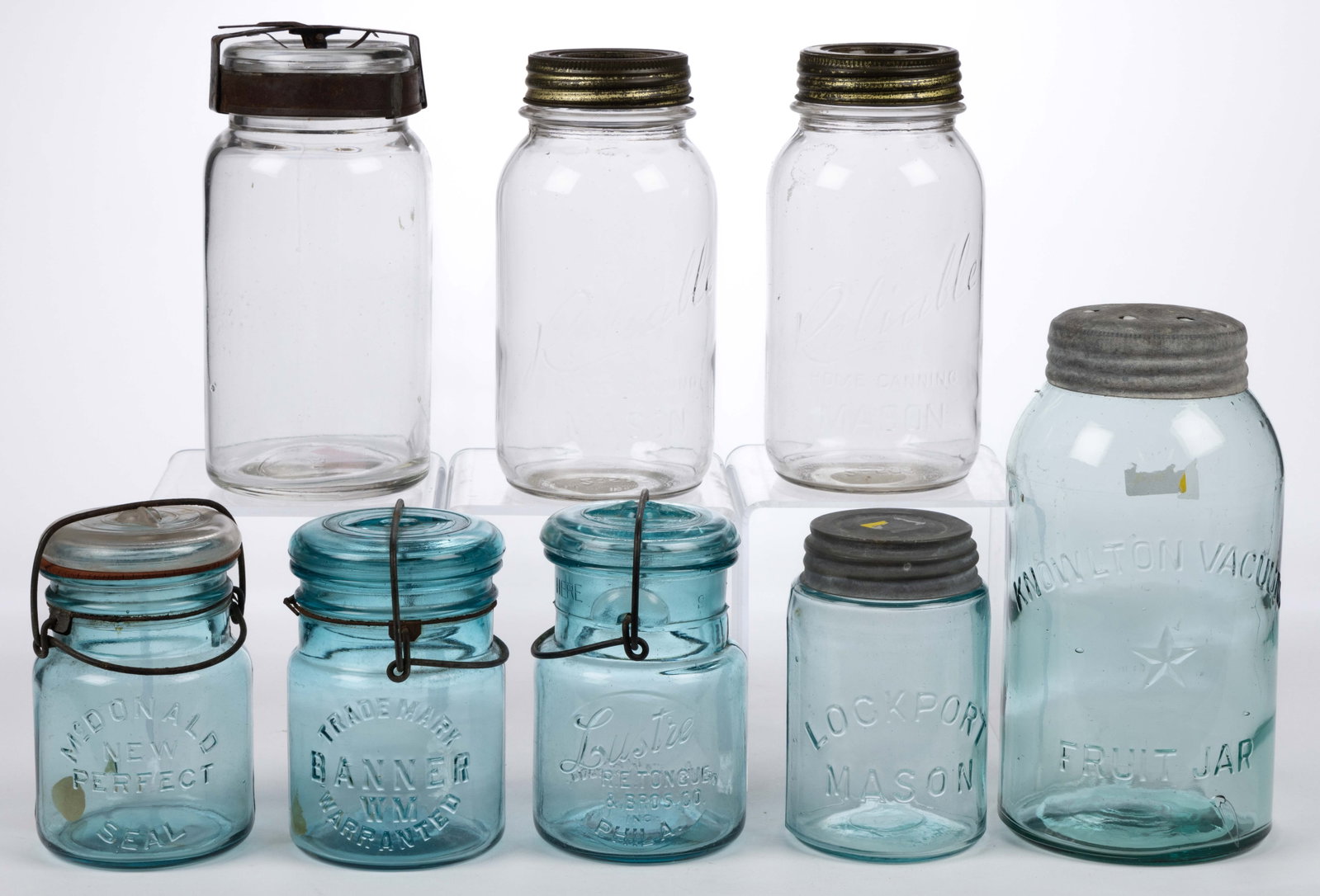 ASSORTED FRUIT JARS, LOT OF EIGHT: ASSORTED FRUIT JARS, LOT OF EIGHT, aqua and colorless, various pints including an R.E. Tongue / Lustre Philadelphia jar, a Banner, and a Lockport Mason; plus a colorless quart Hazel Atlas jar wit