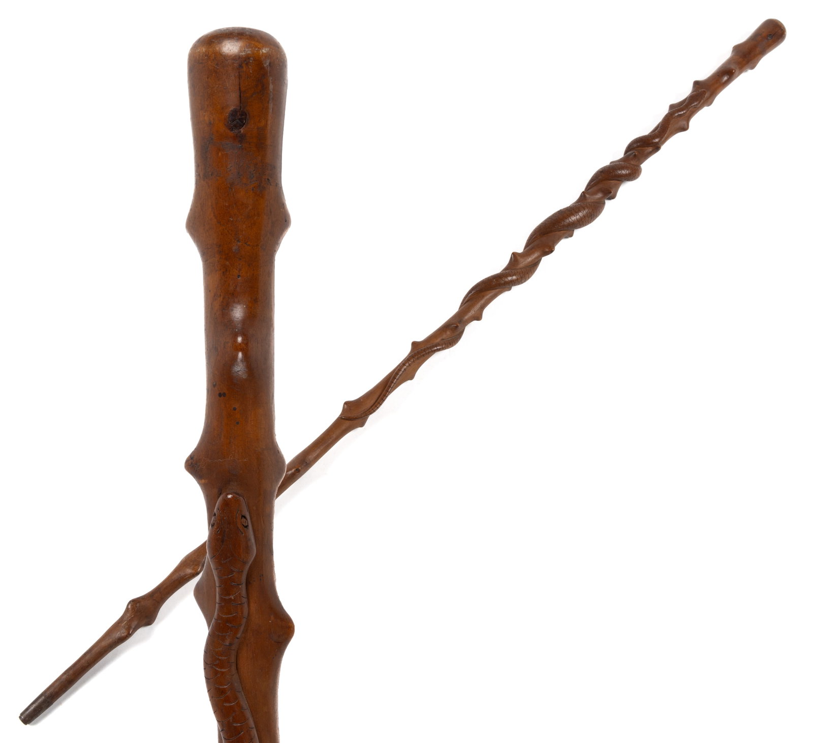 AMERICAN FOLK ART CARVED SNAKE CANE / WALKING STICK: AMERICAN FOLK ART CARVED SNAKE CANE / WALKING STICK, root-form cherry body with knotting/thorns throughout, round grip and tapering shaft having an entwined snake with incised scales; i