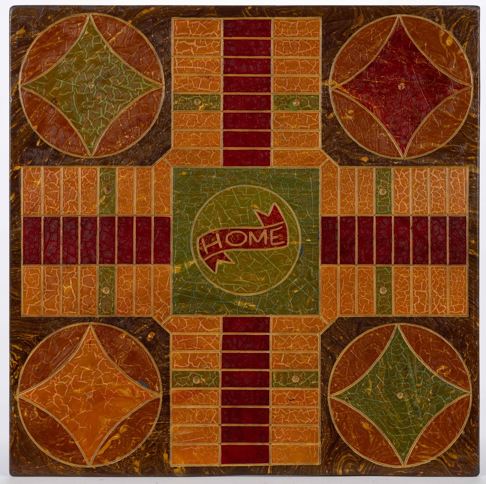 AMERICAN FOLK ART PAINTED SLATE GAMEBOARD: AMERICAN FOLK ART PAINTED SLATE GAMEBOARD, double-sided with vibrant polychrome paint, one side with checkerboard, other with Parcheesi board lettered "HOME" in center, both sides with faux 