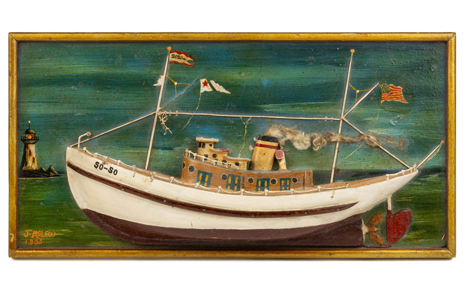 AMERICAN HALF-HULL SHIP MODEL / MARITIME FOLK ART PAINTING: AMERICAN HALF-HULL SHIP MODEL / MARITIME FOLK ART PAINTING, a half-hull model fishing boat/vessel nailed to wood board with highly detailed polychrome-painted surface and applied elements includi