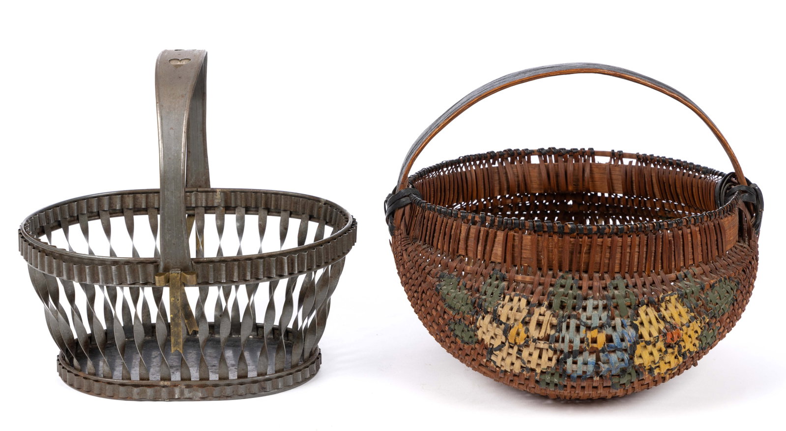 AMERICAN FOLK ART TIN ANNIVERSARY BASKET: AMERICAN FOLK ART TIN ANNIVERSARY BASKET, the elegant form adorned with brass ribbons and cut-outs to handle revealing "YH" inscription and "1985" date. Together with woven-splint 