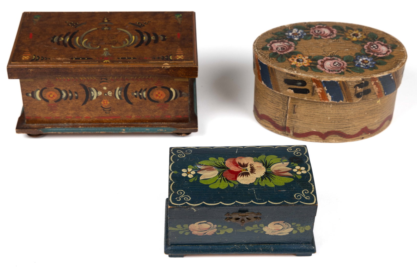 CONTINENTAL PAINT-DECORATED BOXES, LOT OF THREE: CONTINENTAL PAINT-DECORATED BOXES, LOT OF THREE, comprising two examples with hinged lids and a bentwood oval form with cover, each retaining likely original polychrome decoration. Late 19th/first hal