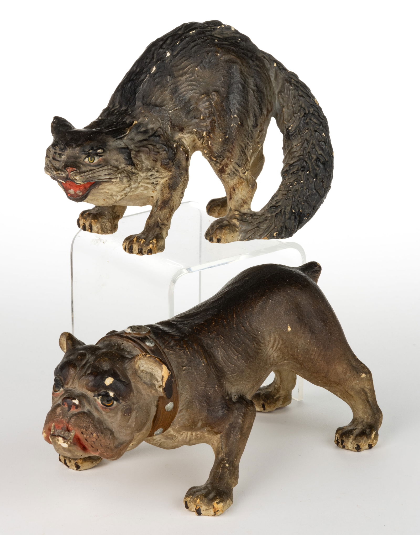 AUSTRIAN COLD-PAINTED PLASTER / CHALKWARE CAT AND DOG, LOT OF TWO: AUSTRIAN COLD-PAINTED PLASTER / CHALKWARE CAT AND DOG, LOT OF TWO, each with original brown paint and various facial decoration, comprising a standing bull dog with a collar; and an angry standing cat