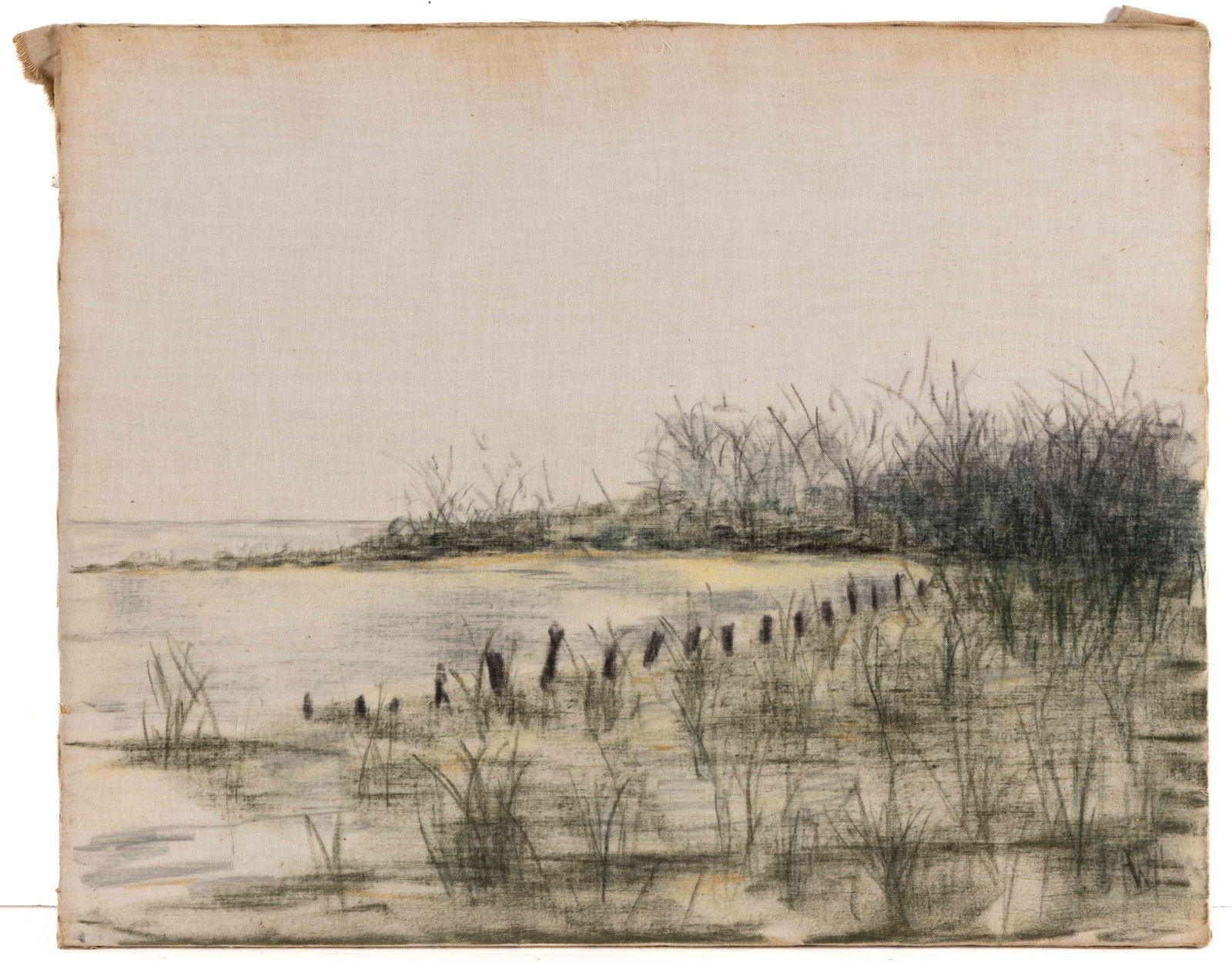 ROBERT MAPHIS WICK (VIRGINIA, 1904-1978) PAINTING OF A SHORESCAPE: ROBERT MAPHIS WICK (VIRGINIA, 1904-1978) PAINTING OF A SHORESCAPE, pastel on linen/fabric nailed to plywood board, titled "Dame's Quarter", depicting a coastal inlet or bay shore scene;