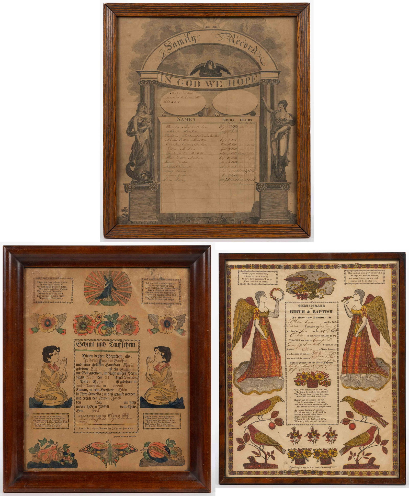 PENNSYLVANIA / OHIO FOLK ART PRINTED BIRTH AND BAPTISMAL CERTIFICATES / FRAKTURS, LOT OF THREE: PENNSYLVANIA / OHIO FOLK ART PRINTED BIRTH AND BAPTISMAL CERTIFICATES / FRAKTURS, LOT OF THREE, comprising a family record for the Moulton family; an example with hand colored details printed by