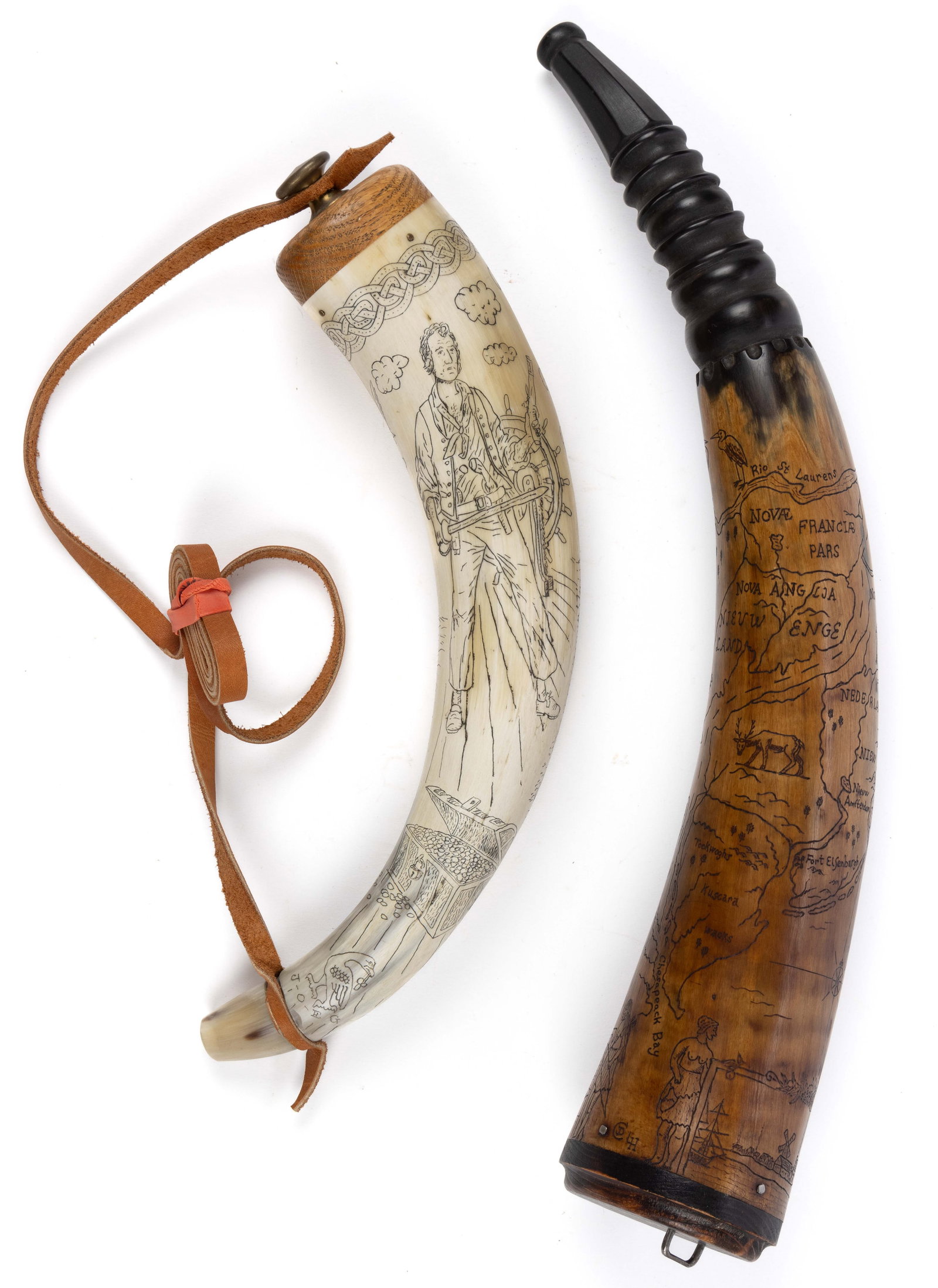 CONTEMPORARY AMERICAN CARVED AND SCRIMSHAW-DECORATED POWDER HORNS, LOT OF TWO: CONTEMPORARY AMERICAN CARVED AND SCRIMSHAW-DECORATED POWDER HORNS, LOT OF TWO, the darker example with elaborate map designs showing the Chesapeake Bay, Manhattan, and other New England areas, the map