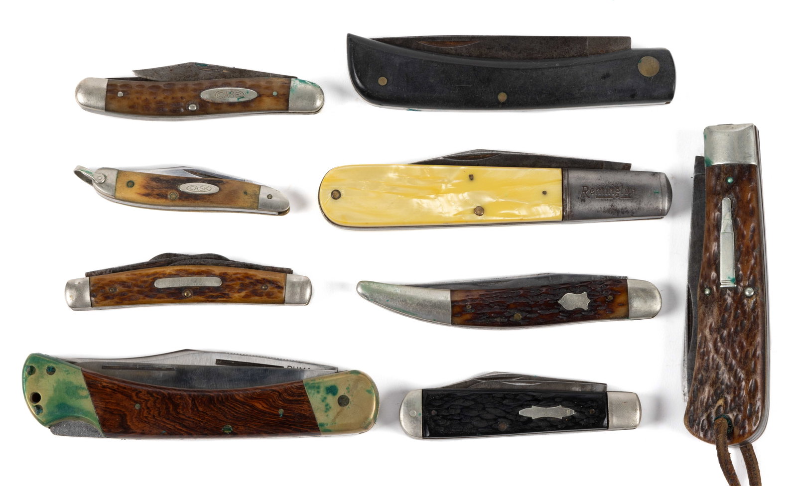 ASSORTED VINTAGE / ANTIQUE POCKET KNIVES, LOT OF NINE: ASSORTED VINTAGE / ANTIQUE POCKET KNIVES, LOT OF NINE, including knives by Remington, Case XX, Keen Kutter, Winchester, and Puma. 20th century. Largest 5" LOA. Provenance: Collection of the late 