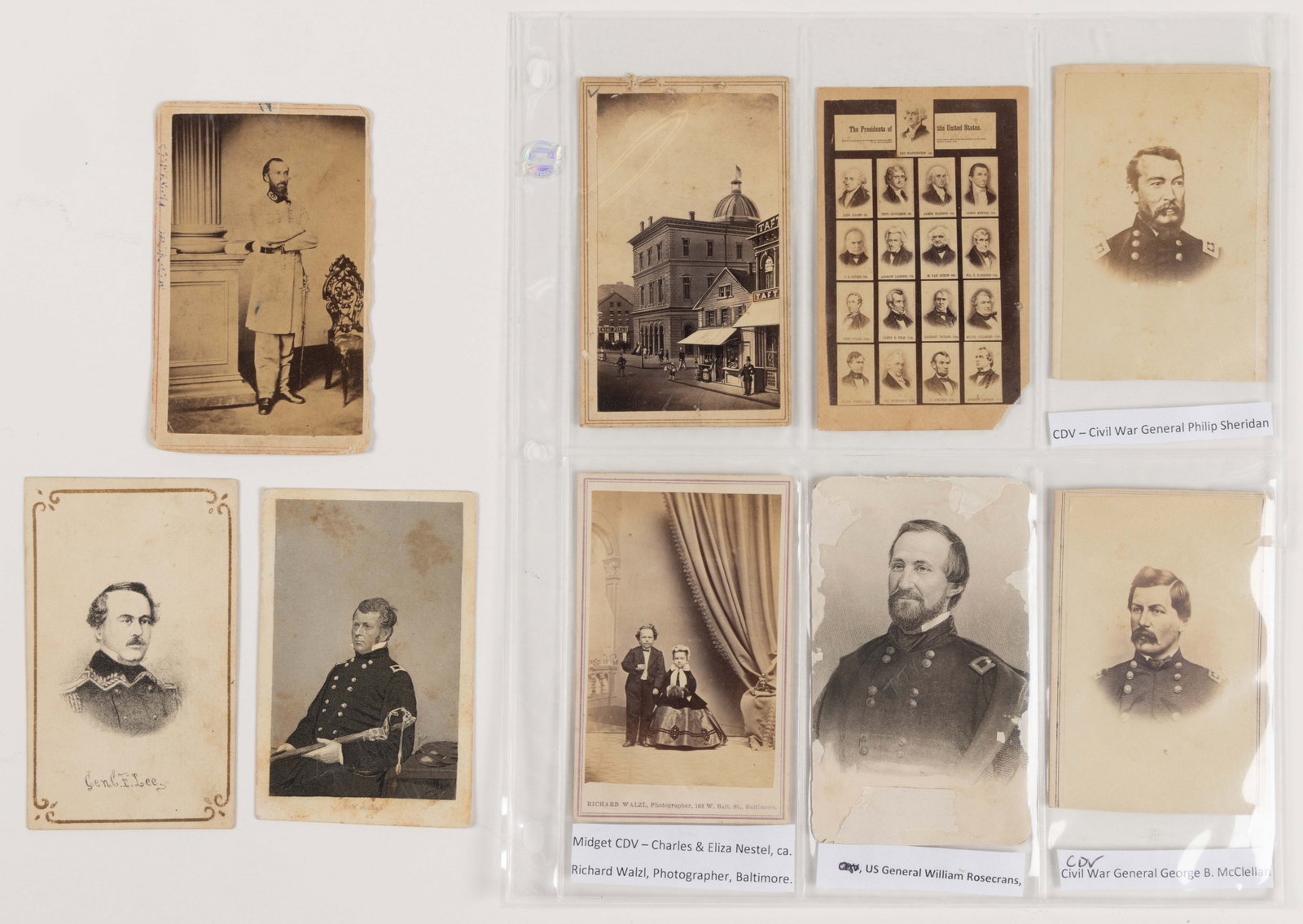 CIVIL WAR AND OTHER IMAGES, LOT OF NINE: CIVIL WAR AND OTHER IMAGES, LOT OF NINE, including a CDV image of an unidentified Confederate officer standing in full uniform with sword, photographed by Charles Rees of Richmond, but with a Fre