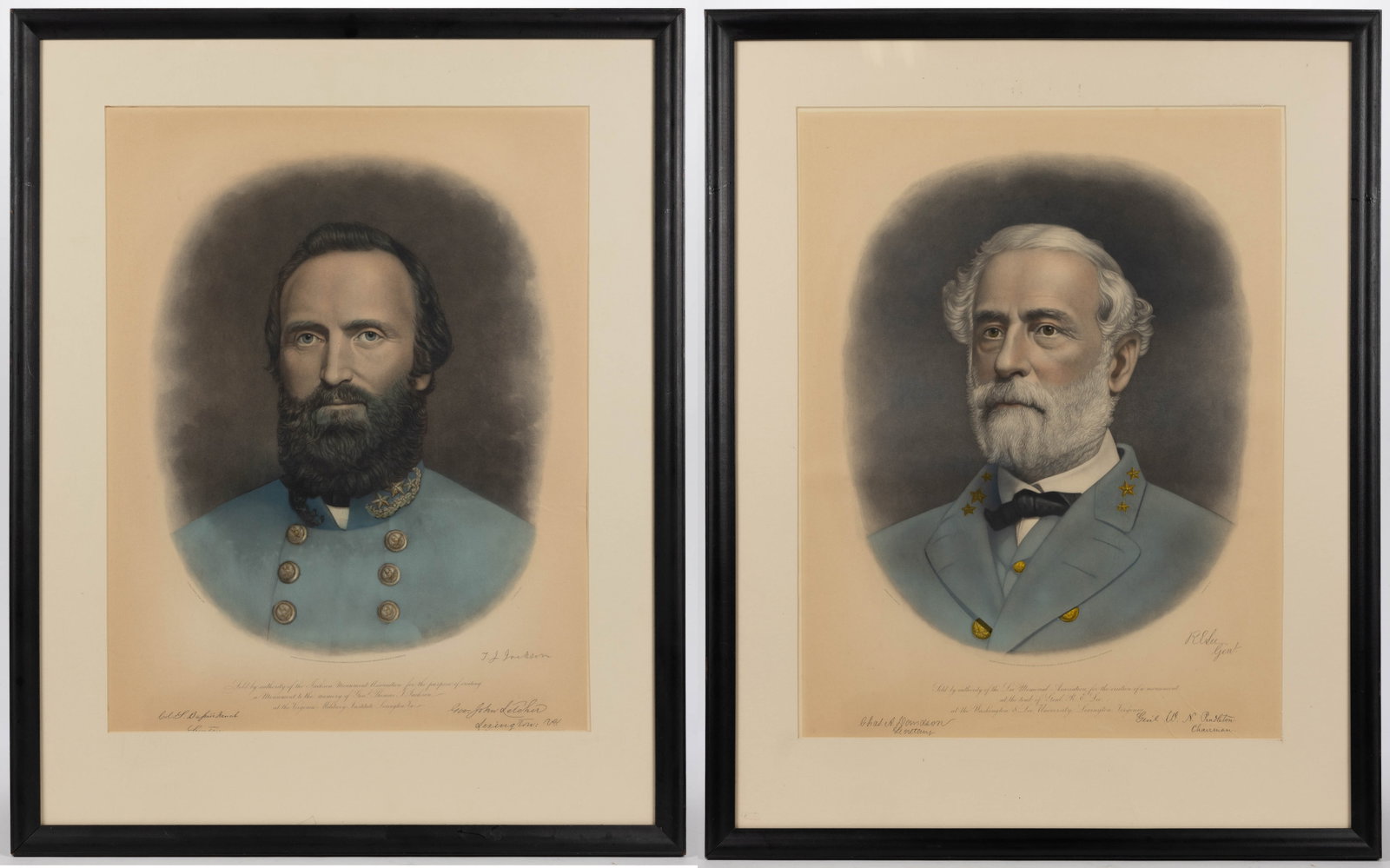 LEE MEMORIAL ASSOCIATION PORTRAITS OF ROBERT E. LEE AND THOMAS JONATHAN "STONEWALL" JACKSON, LOT OF: LEE MEMORIAL ASSOCIATION PORTRAITS OF ROBERT E. LEE AND THOMAS JONATHAN "STONEWALL" JACKSON, LOT OF TWO, hand-colored engravings, Lee example over an inscription reading "Sold by author