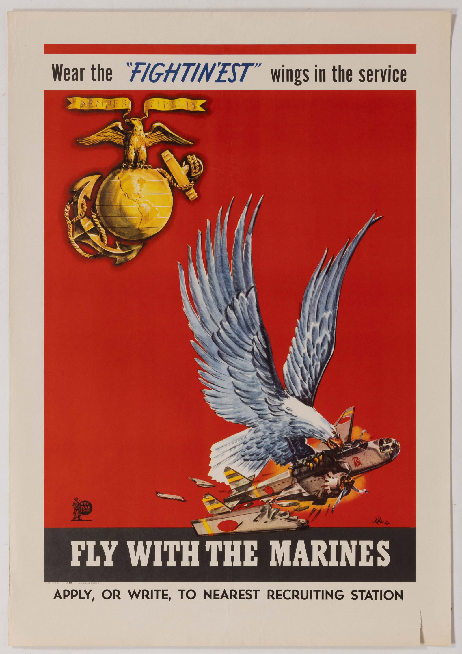 WORLD WAR II / WW2 MARINES RECRUITING POSTER: WORLD WAR II / WW2 MARINES RECRUITING POSTER, "Wear the Fightin'est wings in the service" above an eagle attacking a Japanese bomber, and "Fly with the Marines", addi