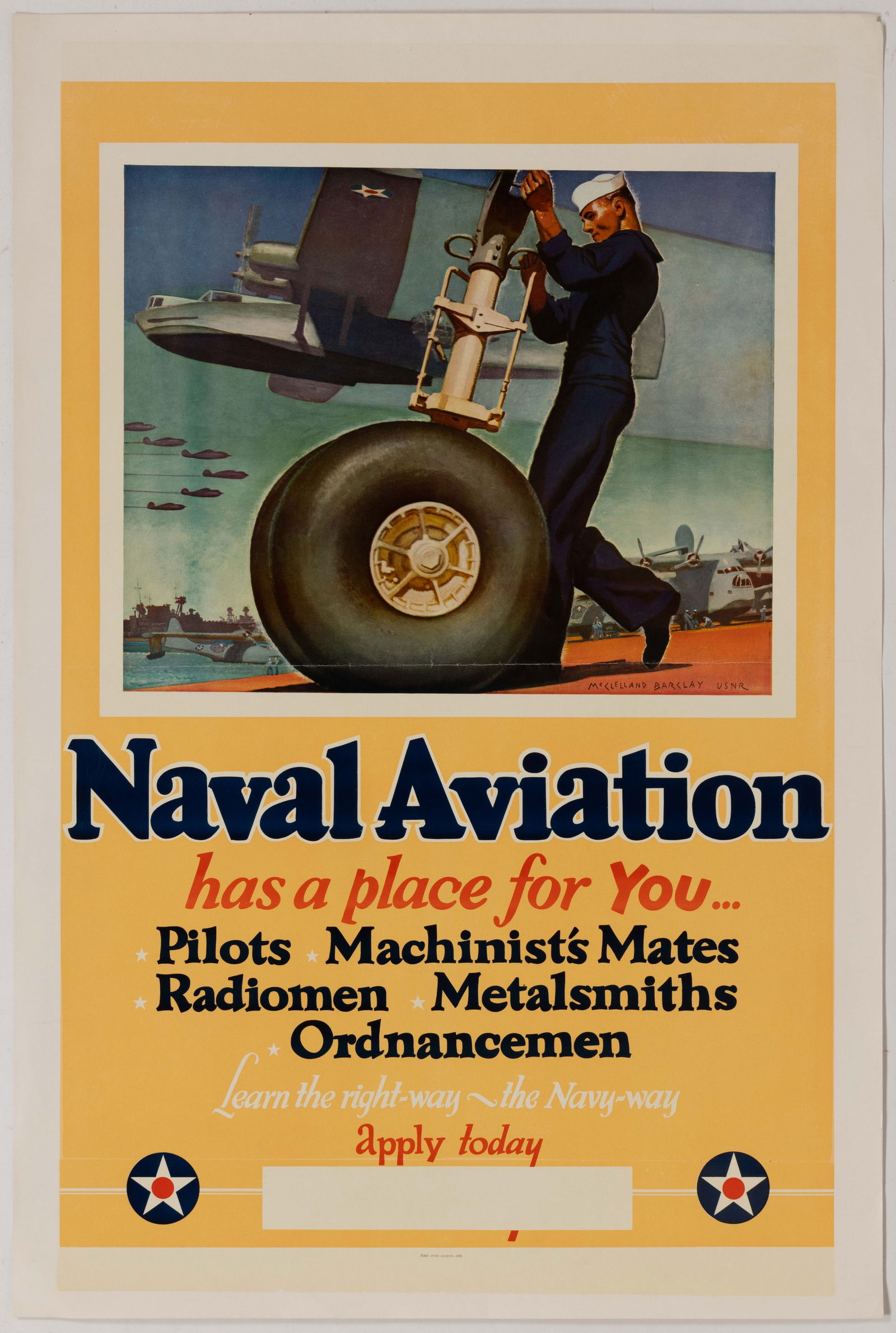 MCCLELLAND BARCLAY (AMERICAN, 1891-1943) WORLD WAR II / WW2 NAVY RECRUITING POSTER: MCCLELLAND BARCLAY (AMERICAN, 1891-1943) WORLD WAR II / WW2 NAVY RECRUITING POSTER, featuring a soldier at a bomber's landing gear with other planes and ships in the background, above &q