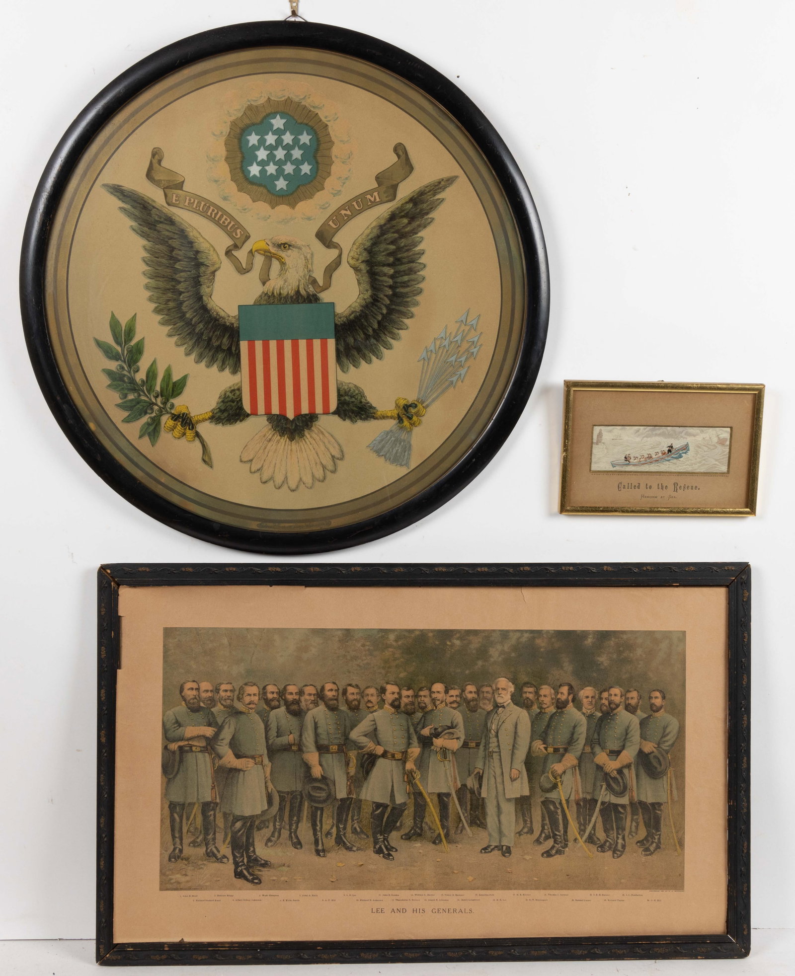 PATRIOTIC / MILITARY LITHOGRAPHS AND ART, LOT OF THREE: PATRIOTIC / MILITARY LITHOGRAPHS AND ART, LOT OF THREE, comprising a Stevensgraph woven silk image entitled Called to the Rescue; a round E. Pluribus Unum seal with the bald eagle at the center; and a