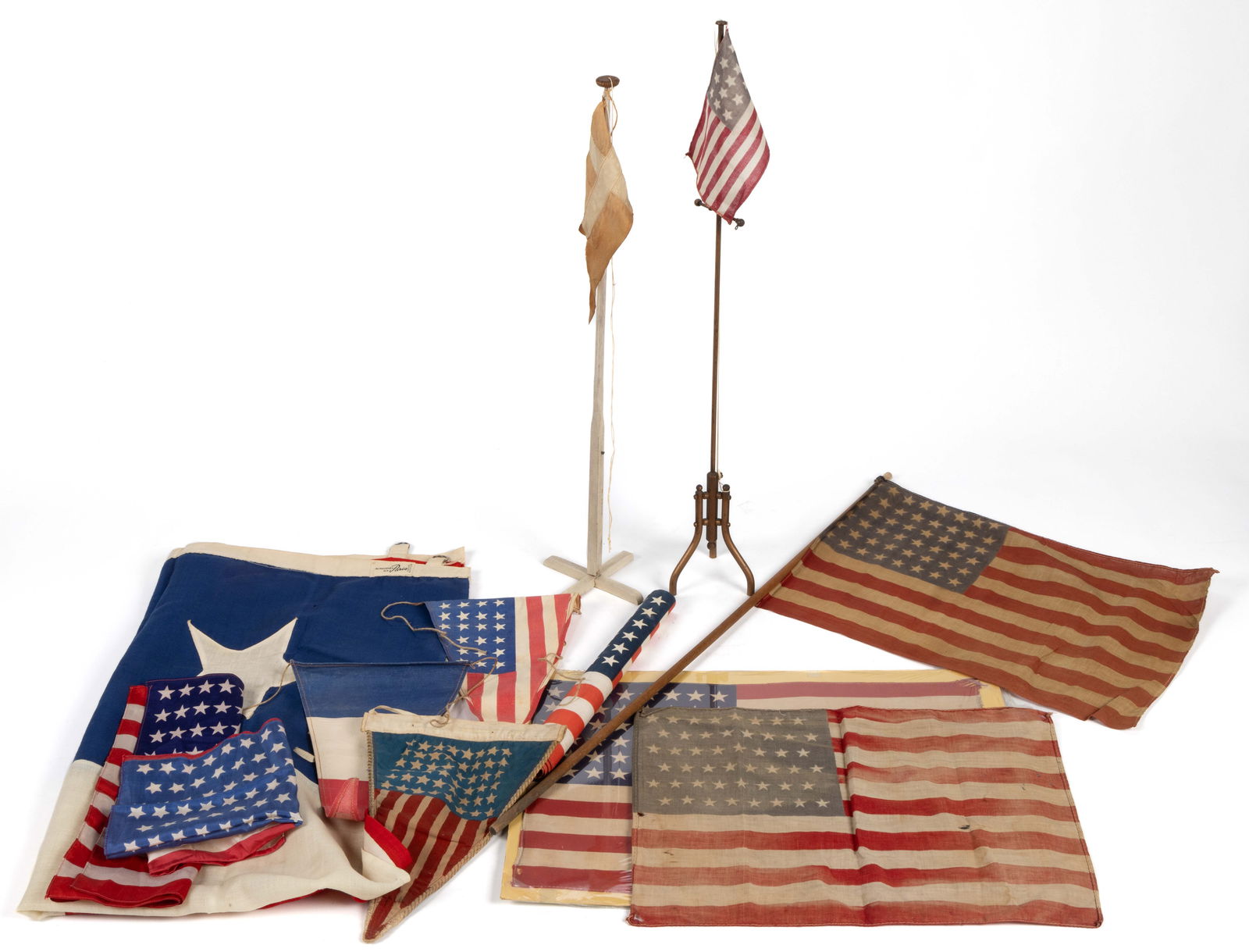 48-STAR AMERICAN NATIONAL ARIZONA STATEHOOD FLAGS, LOT OF TEN: 48-STAR AMERICAN NATIONAL ARIZONA STATEHOOD FLAGS, LOT OF TEN, comprising four parade flags, two mounted to wooden standards; three small pennants, one possibly the French flag; a small 13-star flag m
