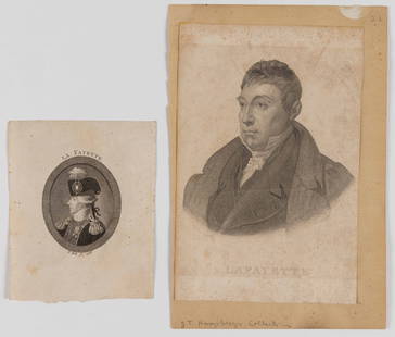 MARQUIS DE LAFAYETTE HISTORICAL ENGRAVINGS, LOT OF TWO: MARQUIS DE LAFAYETTE HISTORICAL ENGRAVINGS, LOT OF TWO, (1) Johann Friedrich Bolt (1769-1836), titled LA FAYETTE with "F. Bolt f. 1796" below the image; and (2) Cephas Grier Childs