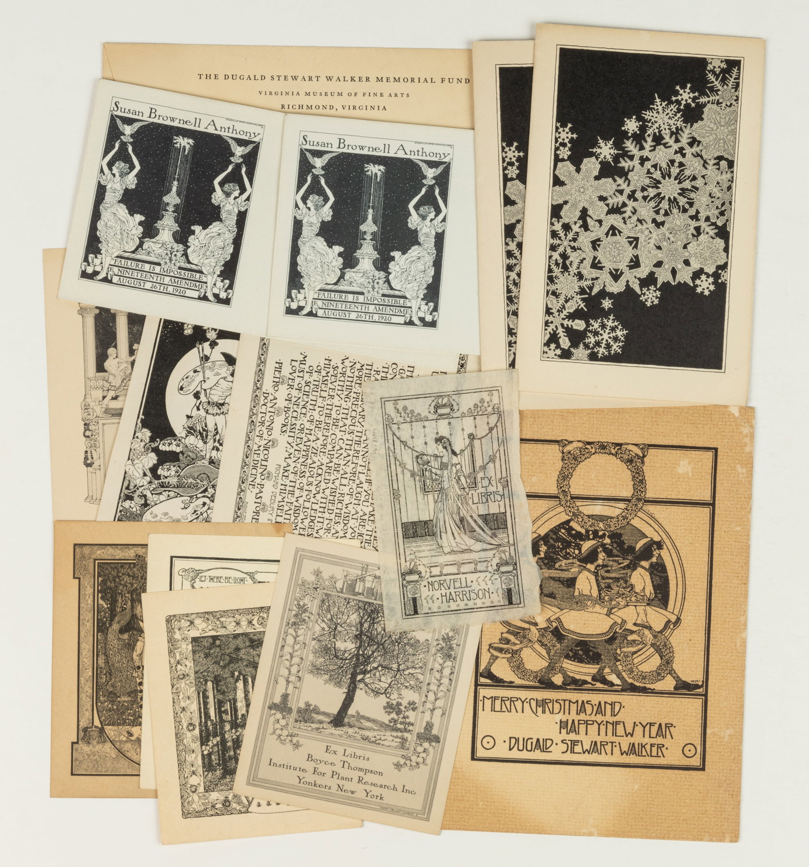 DUGALD STEWART WALKER (RICHMOND, VIRGINIA, 1883-1937) WORKS ON PAPER, LOT OF 13: DUGALD STEWART WALKER (RICHMOND, VIRGINIA, 1883-1937) WORKS ON PAPER, LOT OF 13, comprising five different bookplates, three Merry Christmas/Happy New Year cards, three other cards/plates, and tw