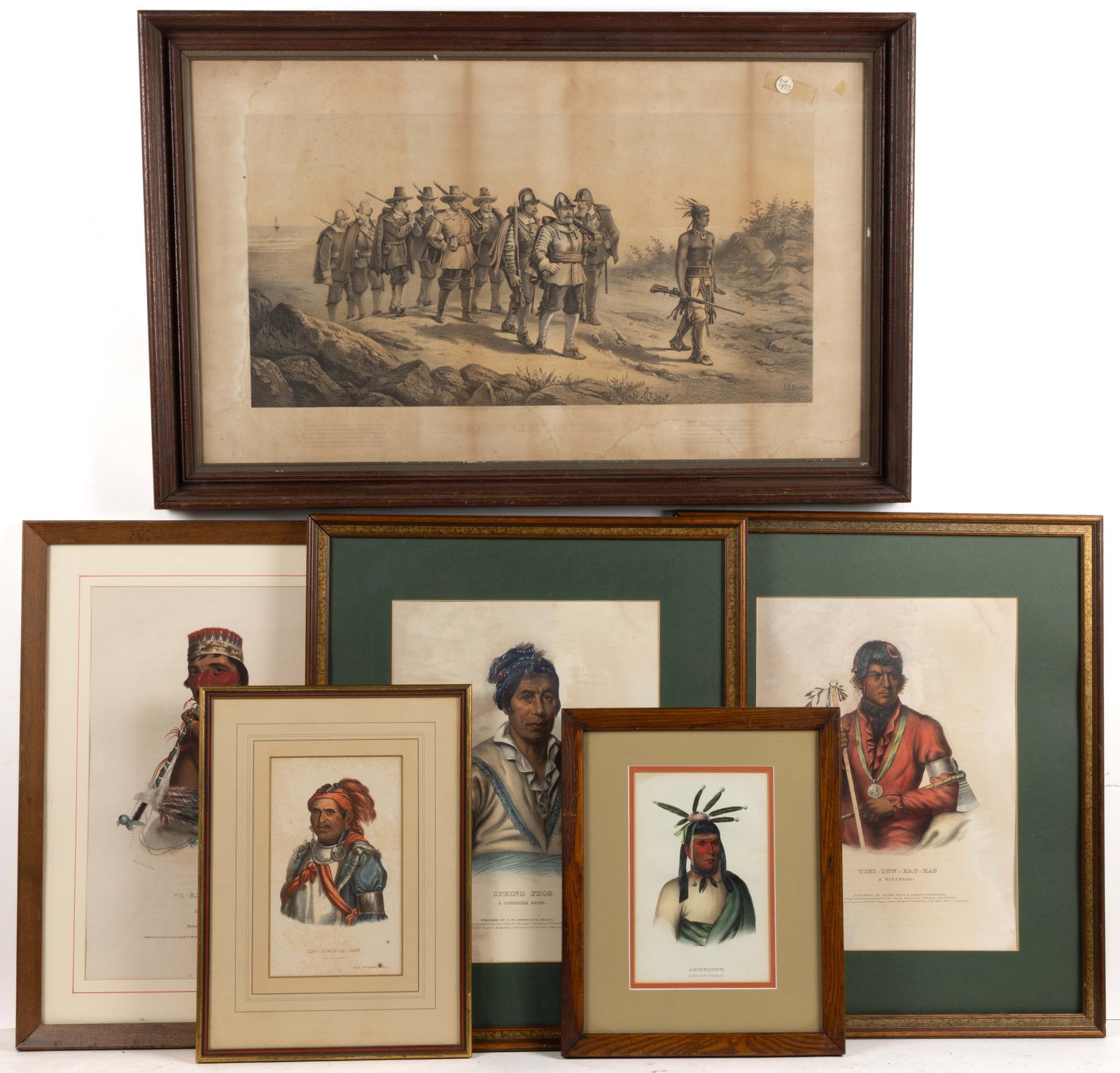 MCKENNEY AND HALL NATIVE AMERICAN PORTRAIT PRINTS, LOT OF FIVE: MCKENNEY AND HALL NATIVE AMERICAN PORTRAIT PRINTS, LOT OF FIVE, each hand-colored lithograph on paper, comprising "SPRING FROG", "WA-EM-BOESH-KAA", "TSHI-ZUN-HAU-KAU", &q