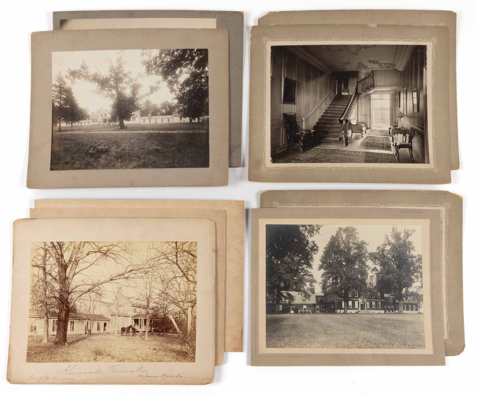 ASSORTED PLANTATIONS ON THE JAMES RIVER, VIRGINIA ANTIQUE PHOTOGRAPHS, LOT OF NINE: ASSORTED PLANTATIONS ON THE JAMES RIVER, VIRGINIA ANTIQUE PHOTOGRAPHS, LOT OF NINE, albumen and silver gelatin prints on board, comprising an exterior and an interior of Carter's Grove; an exterio