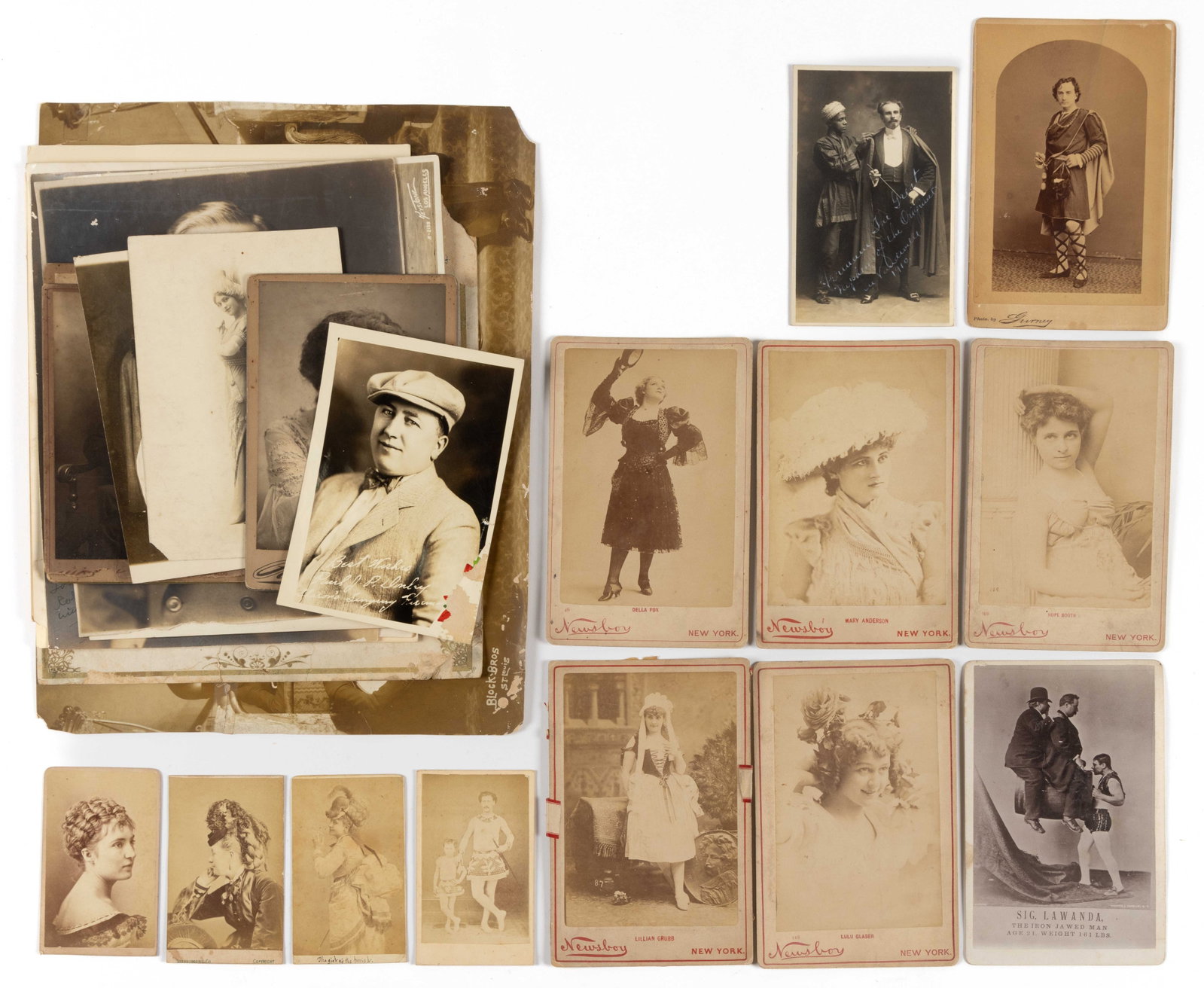 ANTIQUE / VINTAGE PHOTOGRAPHS OF ENTERTAINERS, UNCOUNTED LOT: ANTIQUE / VINTAGE PHOTOGRAPHS OF ENTERTAINERS, UNCOUNTED LOT, including CDVs, cabinet cards, albumen prints, etc. Featuring five Newsboy Tobacco stage actress premiums; Sig. Lawanda, the Iron Jawed Ma