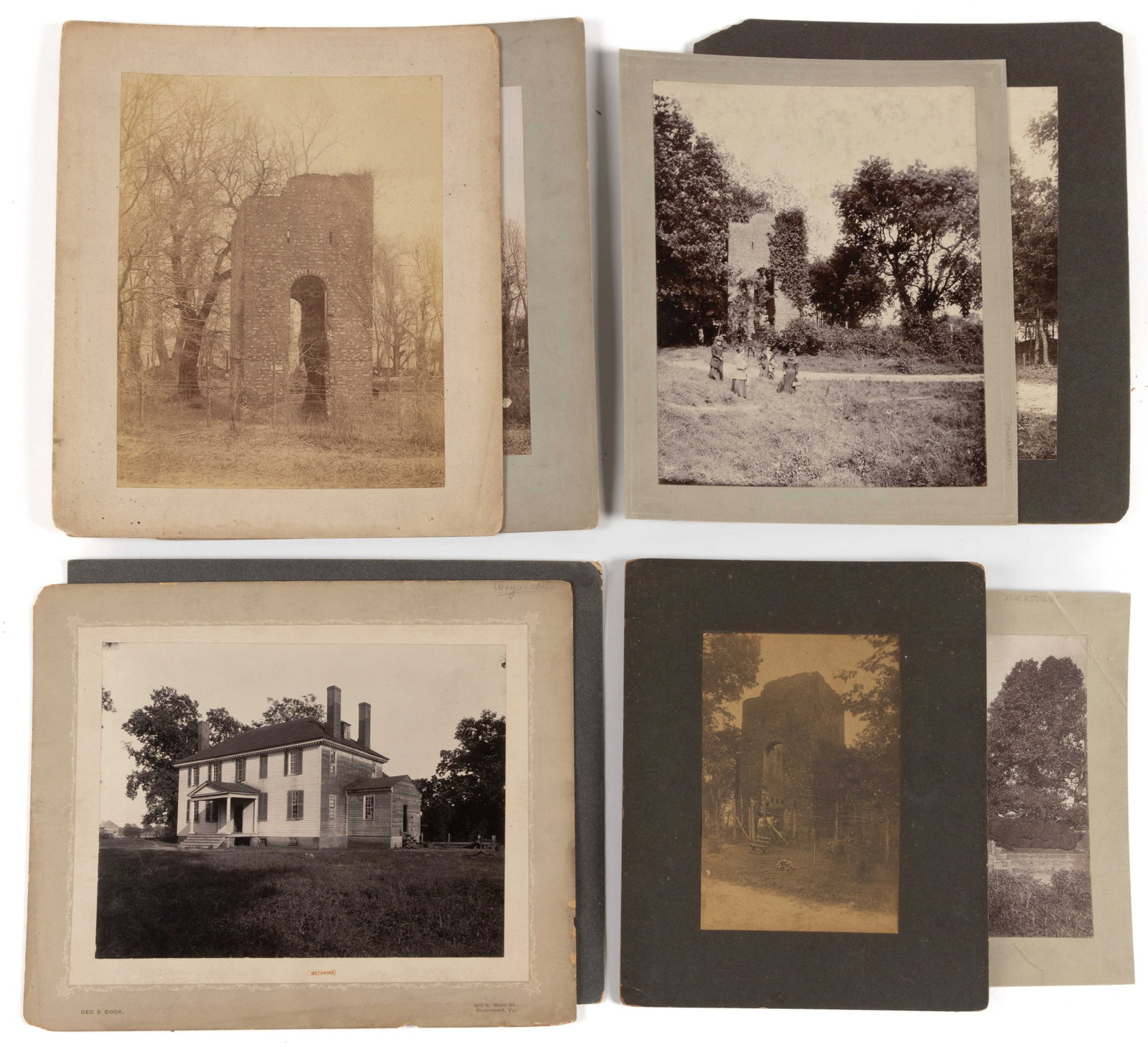 VIRGINIA HISTORICAL BUILDINGS ANTIQUE PHOTOGRAPHS, LOT OF EIGHT: VIRGINIA HISTORICAL BUILDINGS ANTIQUE PHOTOGRAPHS, LOT OF EIGHT, albumen and silver gelatin prints on board, comprising Yorktown, Weyanoke, and six Jamestown Church Tower. Four by Geo. S. Cook, Richmo