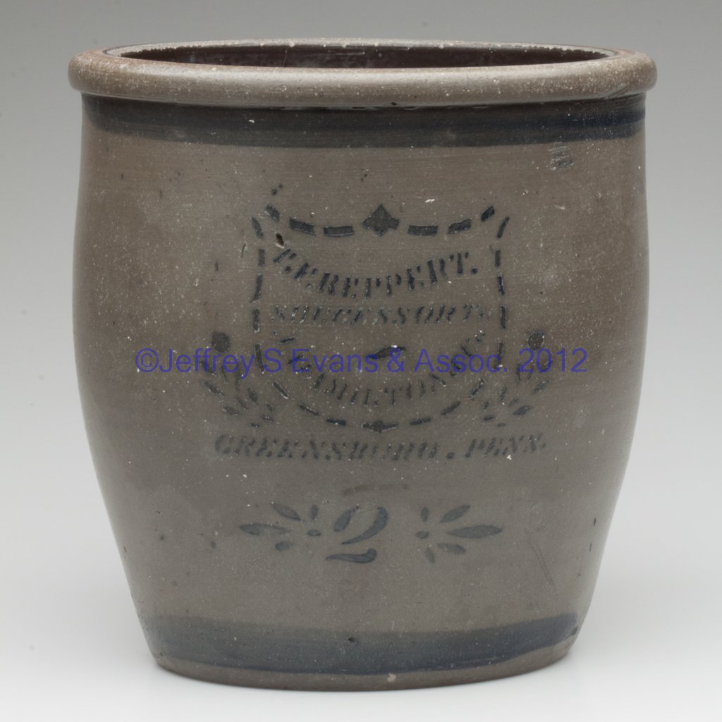WESTERN PENNSYLVANIA STENCILED STONEWARE CROCK: WESTERN PENNSYLVANIA STENCILED STONEWARE CROCK, salt glazed, "2" gallon capacity, wide-mouth form with a rounded rim, cobalt "T. F. REPPERT. / SUCCESSOR TO / J. HAMILTON & Co" within a shield, above "