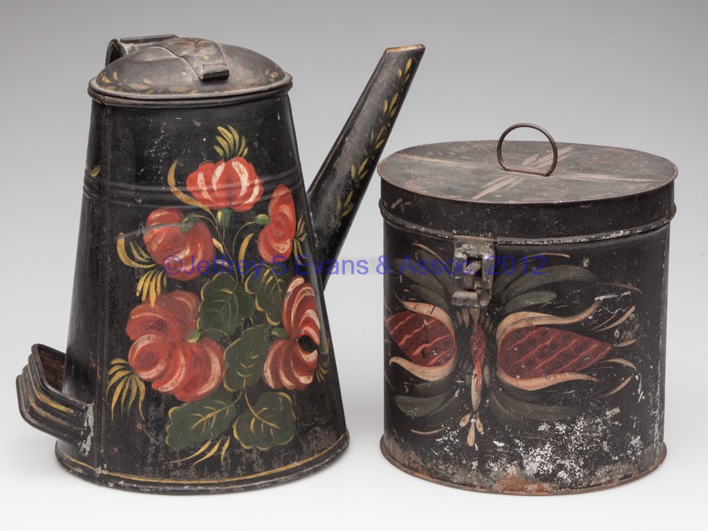 AMERICAN PAINT-DECORATED TOLE ARTICLES, LOT OF TWO: AMERICAN PAINT-DECORATED TOLE ARTICLES, LOT OF TWO, polychrome on a black surface, comprising a large coffee pot with hinged lid, upper handle stamped "G. E. WILLIS / MEDFORD", low side handle and med