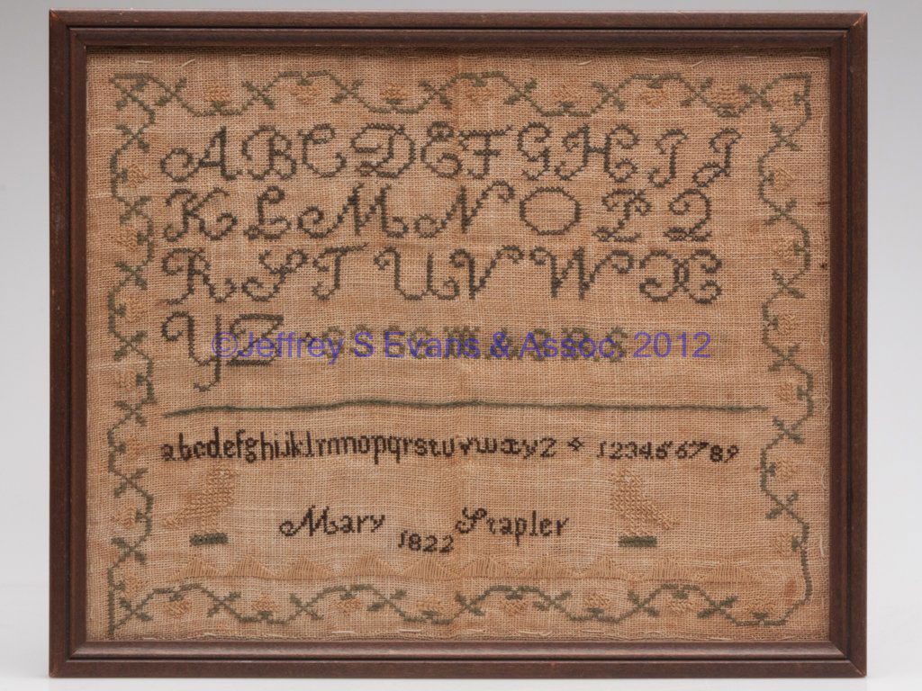 MARY STAPLER, NEW CASTLE CO., DELAWARE 1822 NEEDLE: MARY STAPLER, NEW CASTLE CO., DELAWARE 1822 NEEDLEWORK SAMPLER, silk on linen, five lines of letters and numerals above "Mary Stapler / 1822" flanked by birds, additional initials "SS SS MAS RS" repre