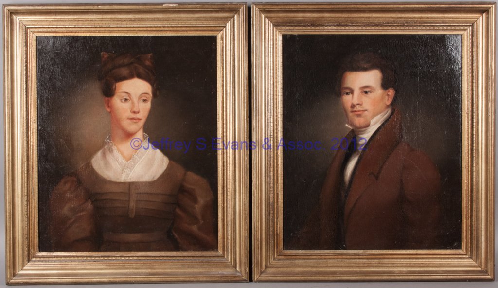 AMERICAN SCHOOL MARYLAND PORTRAITS, PAIR: AMERICAN SCHOOL MARYLAND PORTRAITS, PAIR, oil on canvas, J. Thomas Mathews (b.c. 1828) and his wife Sarah Mathews (b.c. 1830) of Snow Hill, Worcester Co., MD. He is inscribed on backing board "J. T. M