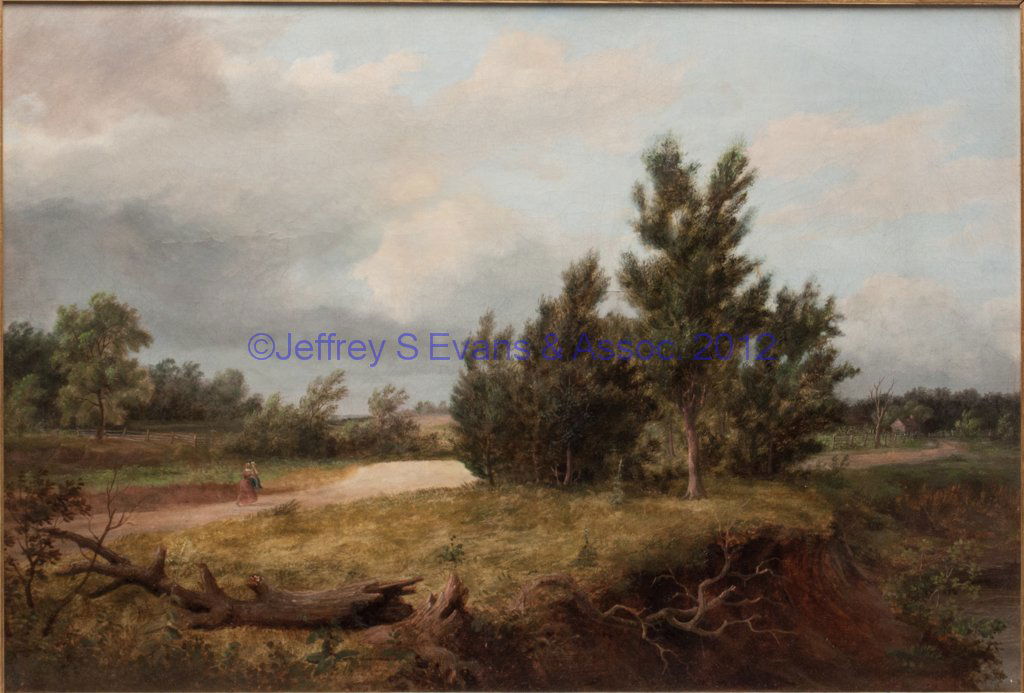 SCHOOL OF THOMAS BIRCH (AMERICAN, 1779-1851) LANDS: SCHOOL OF THOMAS BIRCH (AMERICAN, 1779-1851) LANDSCAPE PAINTING, oil on canvas, depicting a female figure strolling along a country road, split rail fence and small cabin in background, no signature l