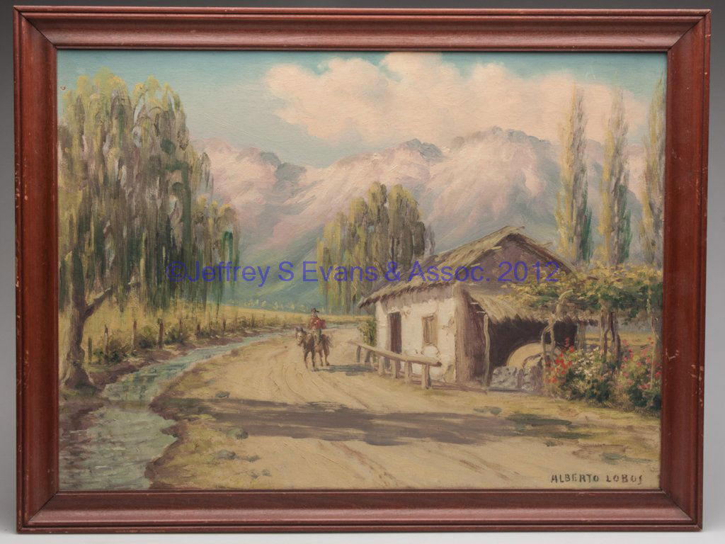 ALBERTO LOBOS (LATIN AMERICAN, 1892-1941) LANDSCAP: ALBERTO LOBOS (LATIN AMERICAN, 1892-1941) LANDSCAPE PAINTING, oil on canvas, depicting a horse and rider, thatch-roof cottage and stream with mountains in background, signed lower right. Original fram