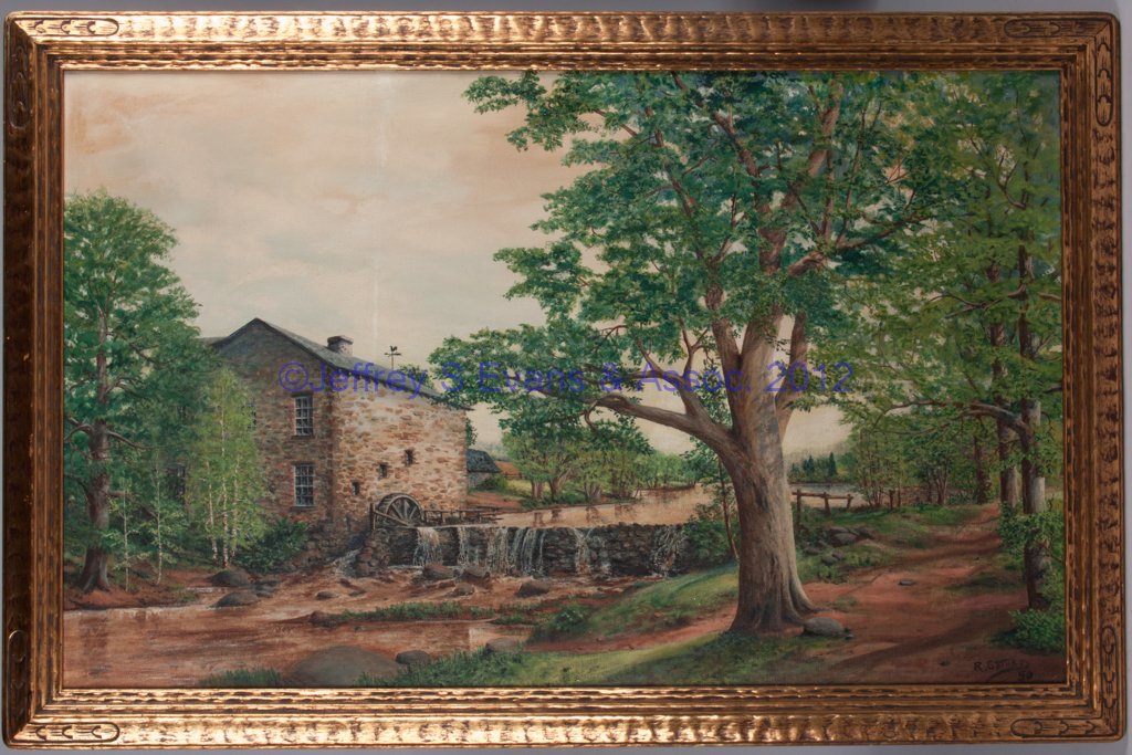 ROBERT M. STOVER (PENNSYLVANIA, XX) LANDSCAPE PAIN: ROBERT M. STOVER (PENNSYLVANIA, XX) LANDSCAPE PAINTING, oil on canvas, "Along the Mill Stream", depicting a stone mill and dam with trees, signed "R. Stover 50" lower right. Title tag on verso for the