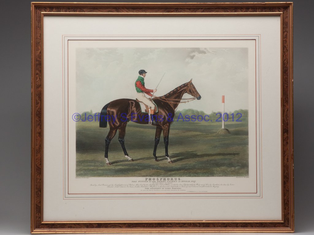 BRITISH EQUINE PRINT: BRITISH EQUINE PRINT, hand-colored engraving on paper, titled "Phosphorus - The Winner of the Derby Stakes at Epsom, 1837", after J. F. Herring, published by Herring and Fuller. Modern frame and mat. 