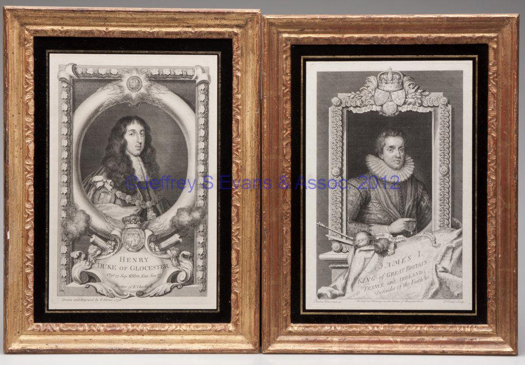 ENGLISH HISTORICAL PRINTS, LOT OF TWO: ENGLISH HISTORICAL PRINTS, LOT OF TWO, copper-plate engravings on paper, portraits titled "James I, King of Great Britain, France and Ireland" and "Henry Duke of Gloucester", George Vertue, engraver.