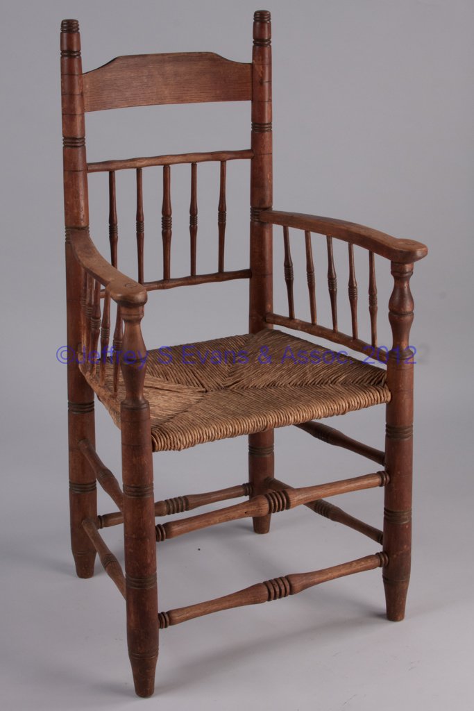 SOUTHSIDE VIRGINIA TURNED RAIL-AND-SPINDLE ARMCHAI: SOUTHSIDE VIRGINIA TURNED RAIL-AND-SPINDLE ARMCHAIR, ash and maple, ring-turned front and rear posts, the back with a shaped upper slat above five spindles set into horizontal rails, shaped arms above