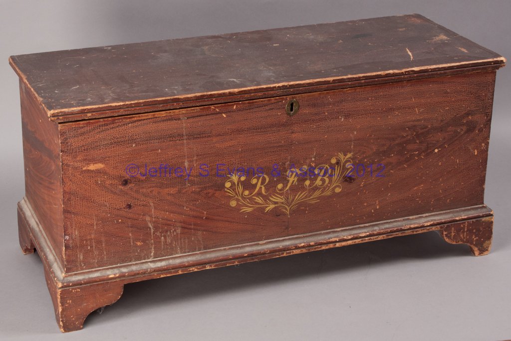 AMERICAN PAINT DECORATED BLANKET CHEST: AMERICAN PAINT DECORATED BLANKET CHEST, hinged top with applied edge moldings above dovetailed case with applied base molding and cut-out bracket feet. Original dry grain-painted surface, front with y