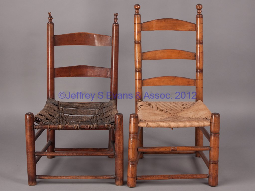 VIRGINIA OR NORTH CAROLINA LADDER-BACK SIDE CHAIRS: VIRGINIA OR NORTH CAROLINA LADDER-BACK SIDE CHAIRS, LOT OF TWO, two- and three-slat back examples with turned post finials, later woven seats. Southside Virginia or North Carolina. Late 18th/early 19t
