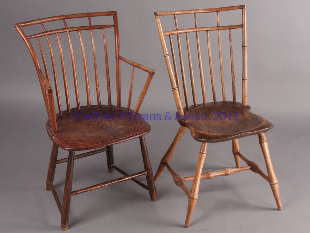 AMERICAN WINDSOR CHAIRS, LOT OF TWO: AMERICAN WINDSOR CHAIRS, LOT OF TWO, comprising an armchair and a side chair, each with bird-cage back and shaped seat. Late 18th/early 19th century. 32 1/2" and 33 1/2" HOA. Provenance: The collectio