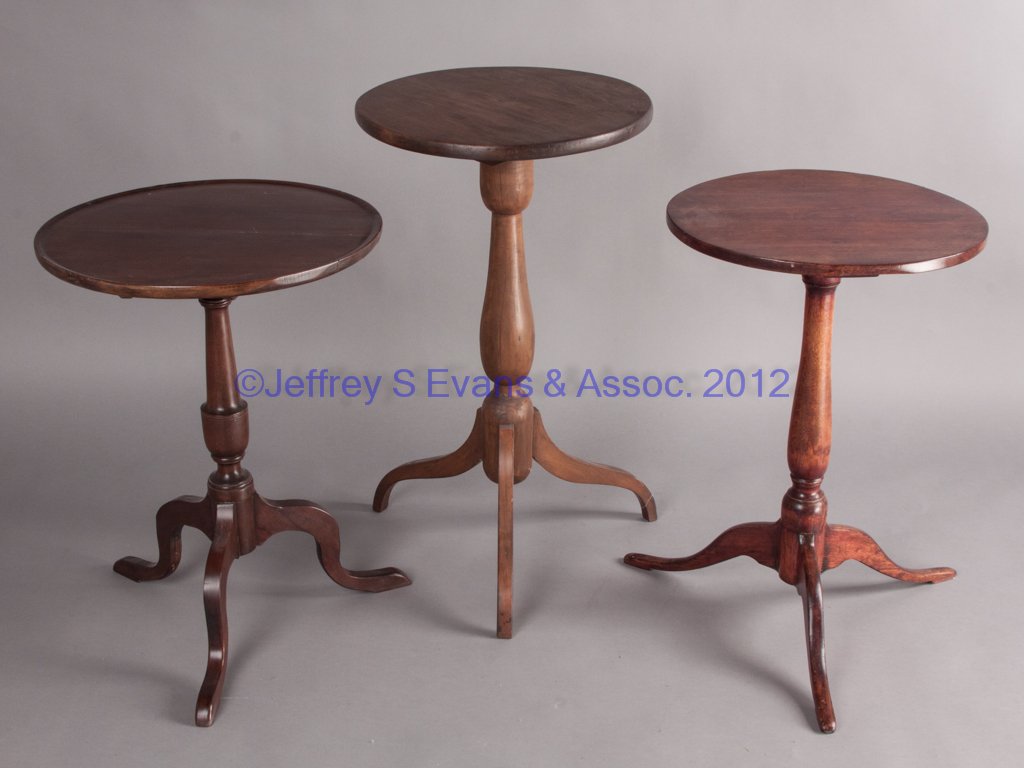 ASSORTED AMERICAN CANDLESTANDS, LOT OF THREE: ASSORTED AMERICAN CANDLESTANDS, LOT OF THREE, two with tilting tops. 19th and 20th century. 16 1/2" to 19" D. Provenance: The collection of Sally and the late Stanley Greenbaum, Williamsburg, VA.